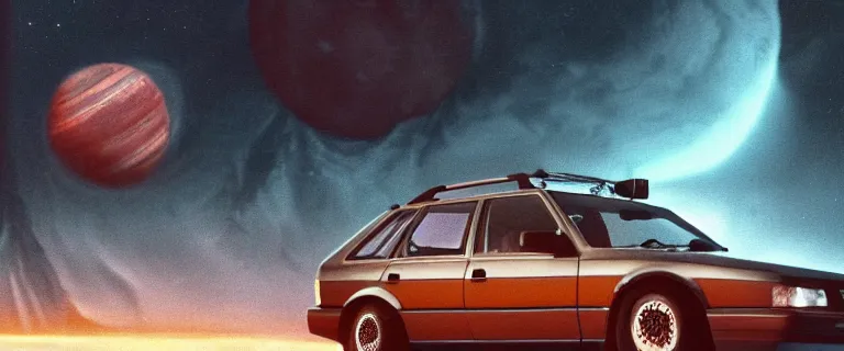 Image similar to Audi 80 B3 Avant (1988) floating in the void facing Kraken, a eerie horror sci-fi, star citizen, hopeless, dramatic lighting, cinematic, off-world, space, zero gravity, eldritch horror creatures floating through space, lack of ground, dark, establishing shot, extremely high detail, photorealistic, cinematic lighting, artstation, by simon stalenhag