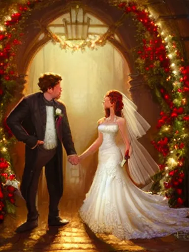 Prompt: a couple getting married under the mistletoe celebration freedom excitement intricate, elegant, highly detailed, digital painting, artstation, concept art, sharp focus, illustration, by justin gerard and artgerm, 8 k