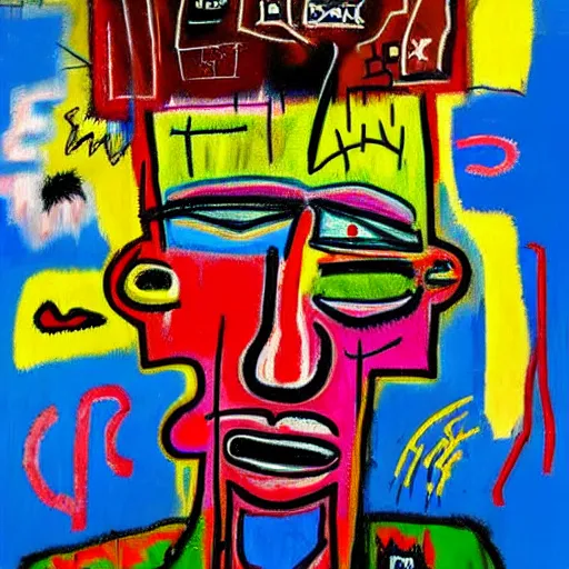 Image similar to colorful odd colors detailed abstract neo expressionism chaotic oil painting of sad boy business man depressed with tattoos by basquiat