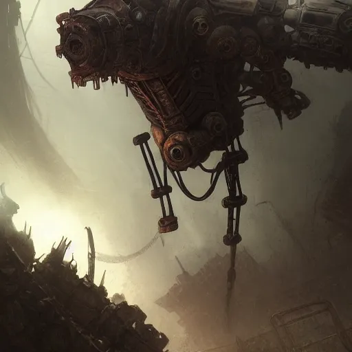 Image similar to Anthropomorphic athletic rusty robot in creepy environment,sci fi,concept art,matte painting, creepy,sci fi,in Gears of War cover art, ultra wide lens shot, beautiful, DnD character art portrait, matte fantasy painting, eerie, DeviantArt Artstation, by Jason Felix by Steve Argyle by Tyler Jacobson by Peter Mohrbacher, cinematic lighting