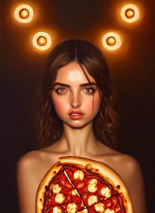 Image similar to portrait of ana de armas eating pizza, intricate, elegant, glowing lights, highly detailed, digital painting, artstation, concept art, smooth, sharp focus, illustration, art by wlop, mars ravelo and greg rutkowski