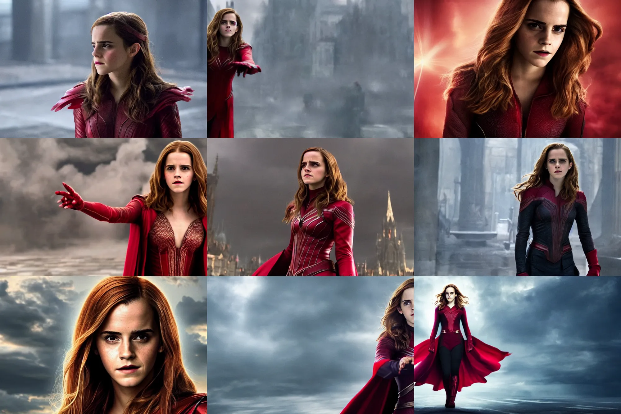 Prompt: emma watson as scarlet witch, movie directed by joss whedon, movie still frame, promotional image, critically acclaimed, top 6 best movie ever imdb list, symmetrical shot, idiosyncratic, relentlessly detailed, cinematic colour palette