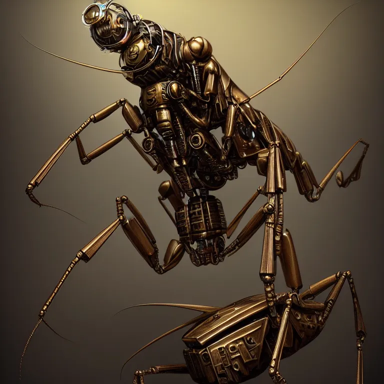 Image similar to steampunk robot mantis, 3 d model, unreal engine realistic render, 8 k, micro detail, intricate, elegant, highly detailed, centered, digital painting, artstation, smooth, sharp focus, illustration, artgerm, tomasz alen kopera, wlop