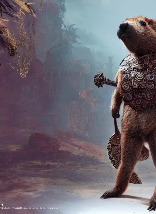 Image similar to detailed concept art illustration painting of an anthropomorphic capybara warrior in full intricate armor, Biomutant, ultra detailed, digital art, octane render, 4K