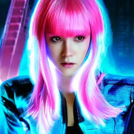 Image similar to joi from blade runner 2 0 4 9 as a giant pink translucent hologram with blue hair, neo - noire