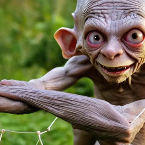 Image similar to Gollum sat on the twine, stretching