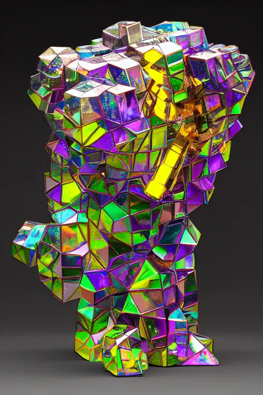 Image similar to a multicolored bismuth golem, an abstract sculpture by ryusei kishida, polycount, crystal cubism, angular, iridescent, made of crystals