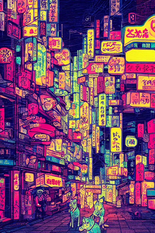 Image similar to a portrait of a shiba inu dog walking through neon streets of tokyo, in the style of studio ghibli, artistic, highly detailed