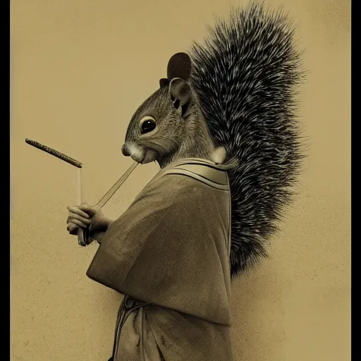 Prompt: samurai squirrel samurai painting portrait, desaturated, chiaroscuro, extremely detailed, artstation, cinematic