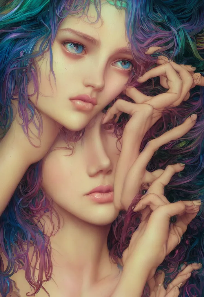 Prompt: beautiful, young woman, detailed gorgeous face, sad eyes, crying, vaporwave aesthetic, synthwave, colorful, psychedelic, artstation, concept art, smooth, extremely sharp detail, finely tuned detail, ultra high definition, 8 k, unreal engine 5, ultra sharp focus, illustration, art by artgerm and greg rutkowski and alphonse mucha