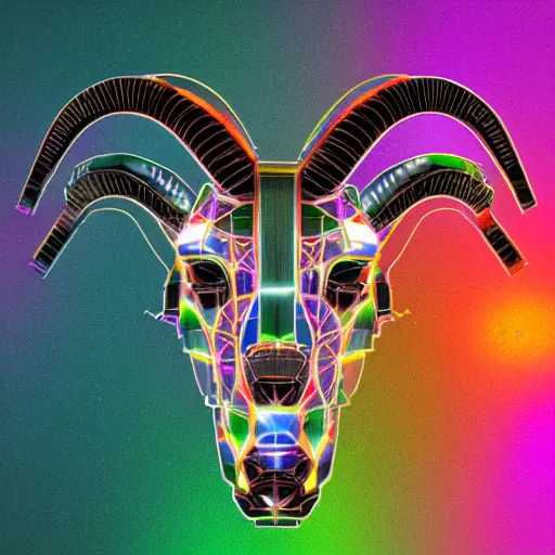 Image similar to cybernetic evil goat head merged with complex circuitry and machinery, multicolored