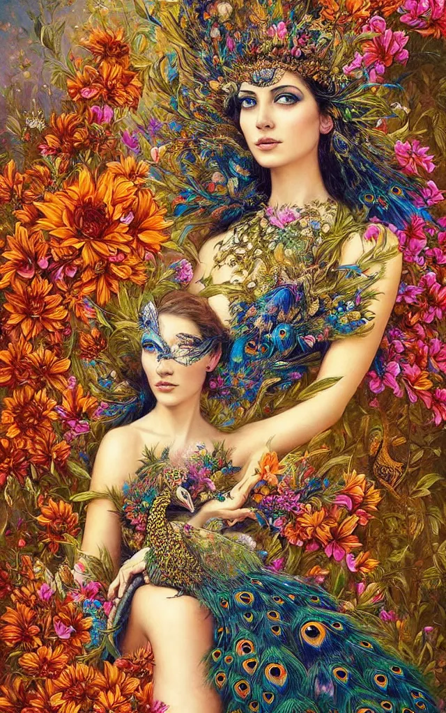 Prompt: ultradetailed portrait of the empress of beauty!, sitting on a grand throne made of beautiful flowers and butterflies, crown made of peacock feathers by karol bak and rhads.