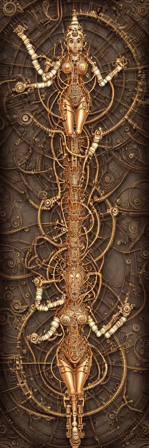 Prompt: seamless pattern of steampunk cybernetic biomechanical hindu goddess dugra, 3 d model, very coherent symmetrical artwork, unreal engine realistic render, 8 k, micro detail, gold white plastic and steel intricate, elegant, highly detailed, digital painting, artstation, smooth, sharp focus, illustration, artgerm, tomasz alen kopera, wlop