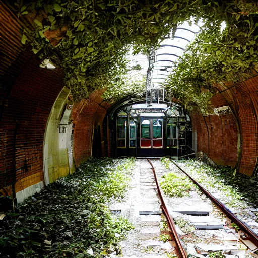 Image similar to an abandoned subway station overgrown with foliage, sun beams shining from the street above