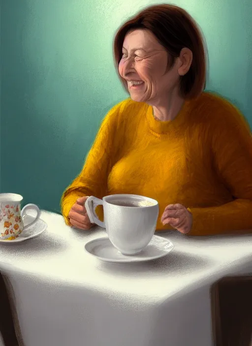 Image similar to middle - aged woman sitting in a table with a hot cup of tea, small wide smile, mandel eyes, forehead, small plump lips, oval face, wrinkled big cheeks calming white background of a kitchen with yellow flowers, pastel colours, thin blurry lines, digital painting, artstation, matte, sharp focus, illustration, realistic oil painting