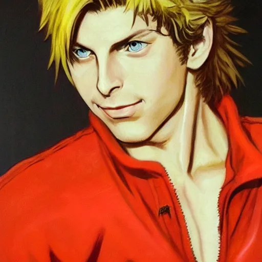 Image similar to michael cera as ken masters from street fighter, painting by frank frazetta, 4 k, ultra realistic, highly detailed,