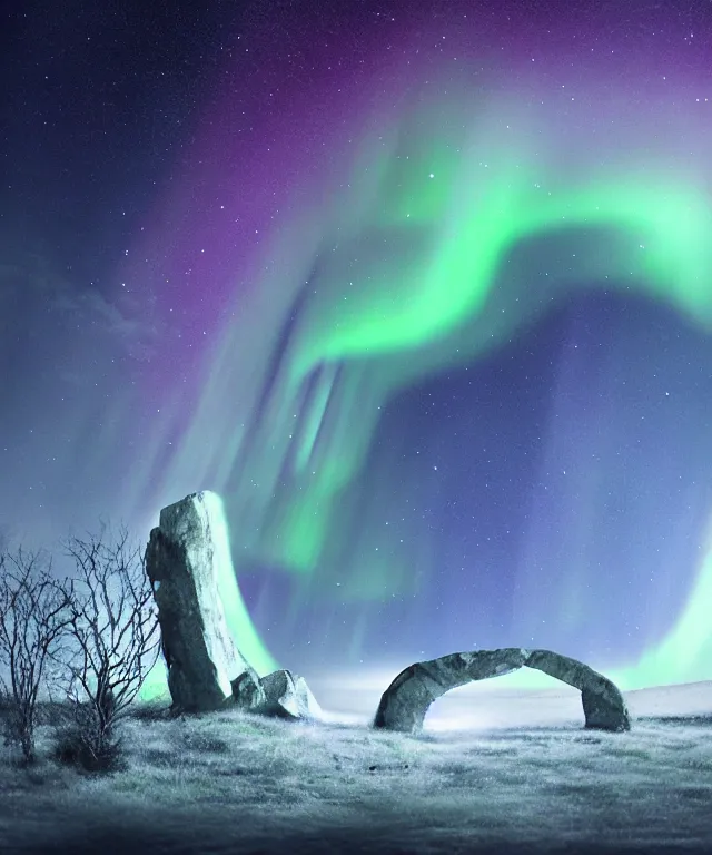 Prompt: portal to another dimension, stone archway, aurora borealis, mysticism, photorealistic, fog