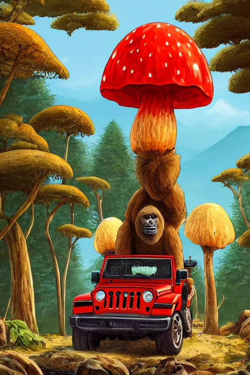 Image similar to gorilla driving a jeep holding a amanita muscaria, sunshine, by alba ballesta gonzalez and moebius. 4 k wallpaper, digital flat 2 d, japan animation, comic book, illustration, cinematic lighting, smooth sharp focus.