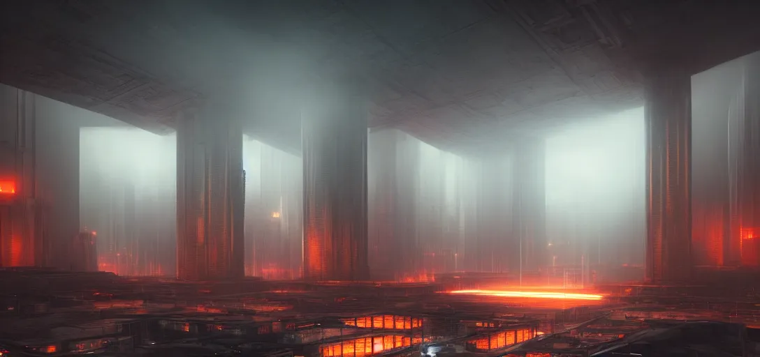 Image similar to dramatic view of empty brutalist cyberpunk underground structure, giant towering pillars, glowing orange fog, unreal engine, dramatic lighting, detailed, ambient occlusion, 3 d artstation render by paul chadeisson and jessica rossier