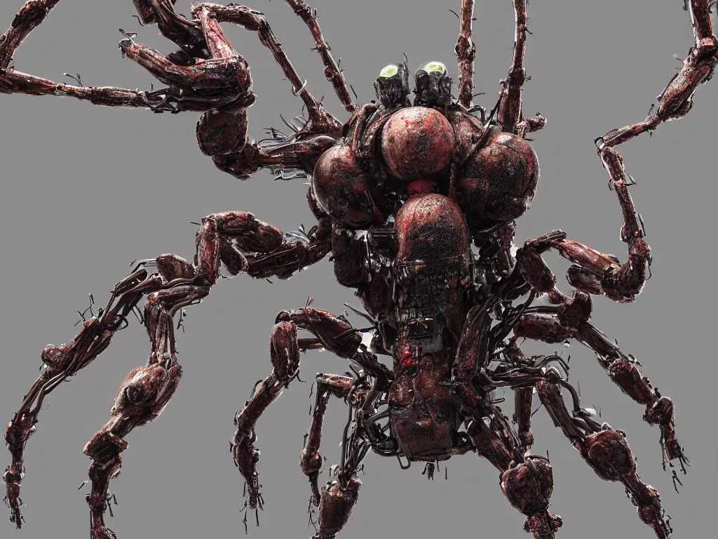 Image similar to Techno-biological iron-meat spider with big artillery cannon in his torso. Consisting of tumors, veins, guts, long spider paws, kidneys, wires, shafts. The head is made of mechanisms and a fanged maw. Bodyhorror, biopunk, extremely high detail, ultra realistic, photorealism, concept art, octane render, view from a distance, 8k, 16k