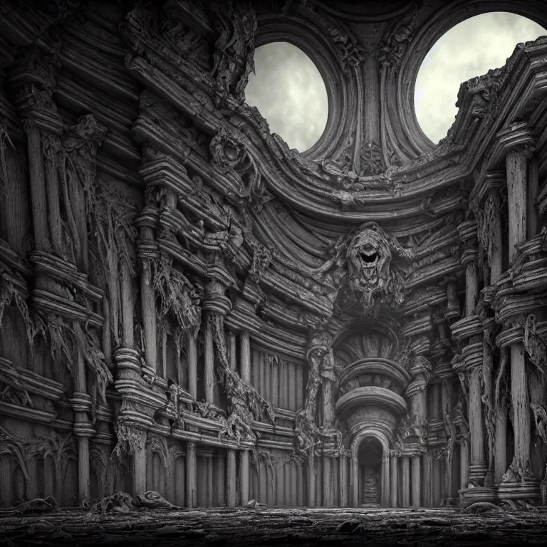 Prompt: ribbed surreal abandoned symmetrical alien baroque temple on exoplanet, in a desolate empty wasteland, creepy, nightmare, dream-like heavy atmosphere, surreal abandoned buildings, beautiful detailed intricate insanely detailed octane render trending on Artstation, 8K artistic photography, photorealistic, chiaroscuro, Raphael, Caravaggio, Beksinski, Giger