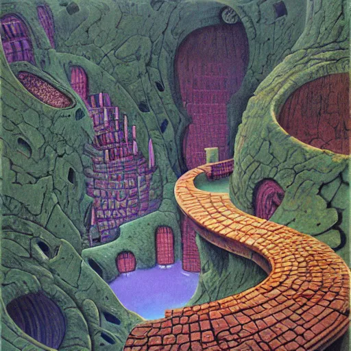 Prompt: a cylindrical pit in the ground with a city inside, painting by Roger Dean