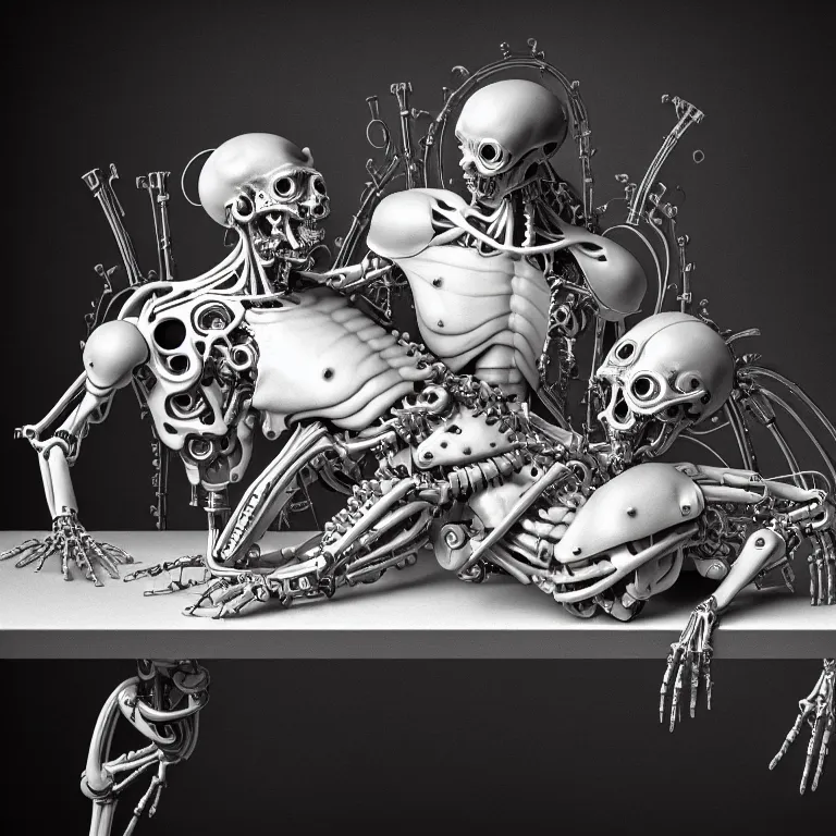 Image similar to still life of two biomechanical cyborg male lovers laying on a table, pastel flowers on a table, surreal alien ribbed pastel fruit, white human spine, baroque painting, beautiful detailed intricate insanely detailed octane render trending on Artstation, 8K artistic photography, photorealistic, chiaroscuro, Raphael, Caravaggio beautiful BW monochrome