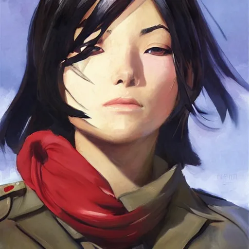 Image similar to greg manchess portrait painting of mikasa ackerman with red scarf in military uniform as overwatch character, design in overwatch style, medium shot, asymmetrical, profile picture, organic painting, sunny day, matte painting, bold shapes, hard edges, street art, trending on artstation, by huang guangjian and gil elvgren and sachin teng