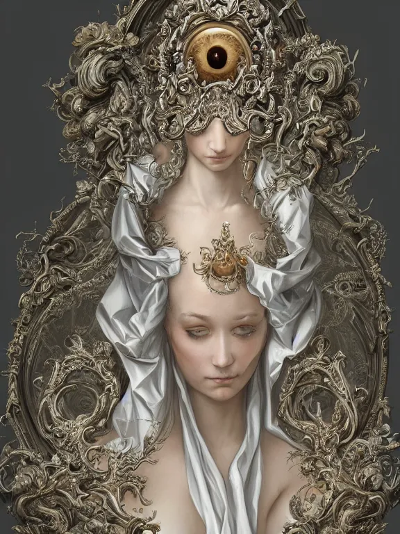Image similar to a beautiful render of rococo catholic veiled queen with symmetry intricate detailed,by Nekro and aaron horkey and peter gric and Cedric Peyravernay and Billelis,Trending on artstation,ZBrush,masterpiece,maximalist,glittering,gold,silver，ivory,hyperreal
