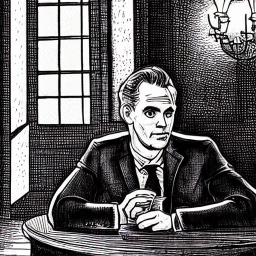 Prompt: jordan peterson drinking a delicious pint in a english - style pub, warm lighting, cozy, inviting, photo realistic, cinematic lighting, pen and ink, intricate line