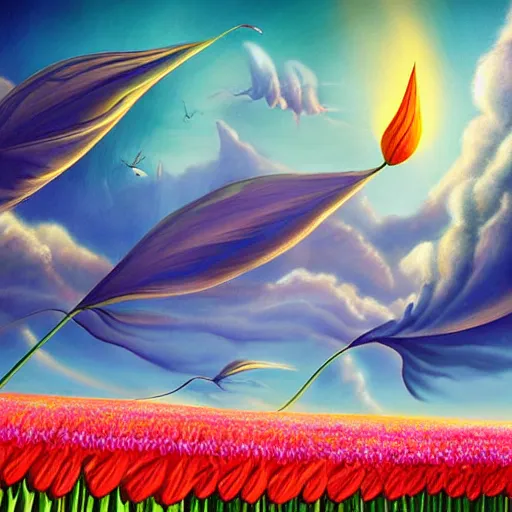 Prompt: flying tulip fortress, fantasy art, sky in the background, detailed, behrens style