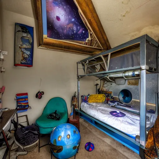 Prompt: detailed room in the sewer lair The room is a clutter if clothes and a bunkbed with space posters everywhere by Walt peregoy,soft,light,bright,epic,awesome, where people would live