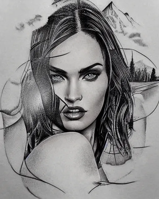 Prompt: double exposure effect tattoo design sketch of megan fox and beautiful mountains, surrealism tattoo, in the style of matteo pasqualin, amazing detail, sharp