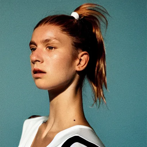 Image similar to realistic! photoshoot for a new nike lookbook, color film photography, portrait of a beautiful woman, in style of alasdair mclellan, 35mm