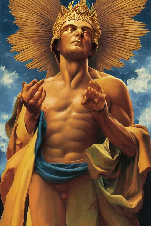 Image similar to emmanuel macron as the god of golden peace by thomas blackshear