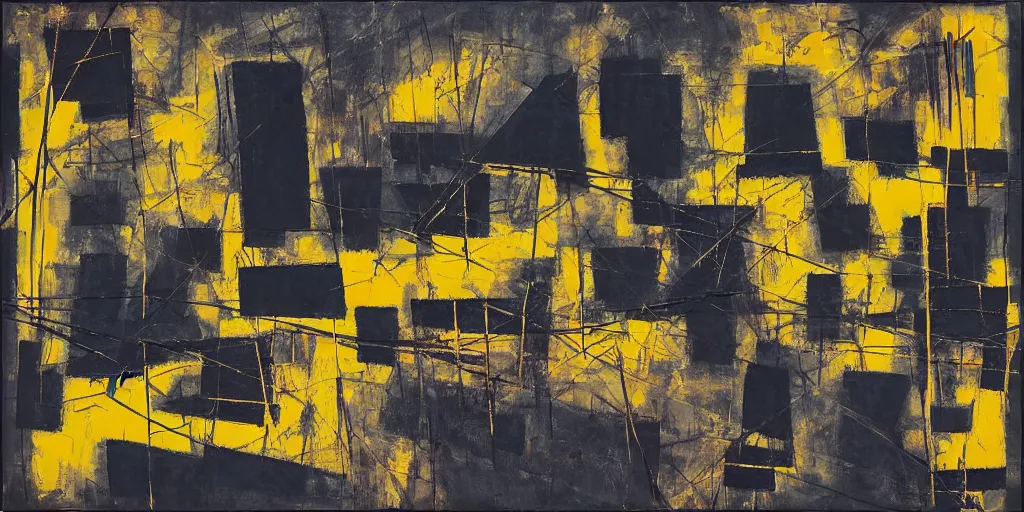 Prompt: “ a geometric mixed media painting, collaboration with pierre soulages and jackson pollock in which the paint strokes express a symphonic poem, ultra detailed, elaborate, 2 d with 3 d feel, unique textures, pattern, orchestra, music wave patterns embedded in the paint, triadic colors, hazy noisy tones ”