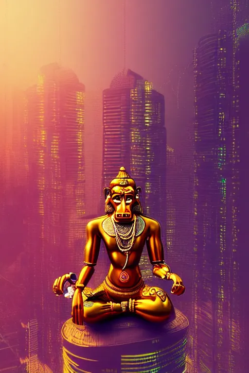 Prompt: high quality 3 d render colorful post - modern cyborg! hanuman sitting, gold madhubani, highly detailed, cyberpunk!! mumbai in the background, vray cinematic smooth, liam wong, moody light, low angle, uhd 8 k, sharp focus