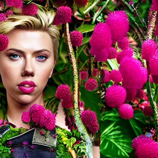 Prompt: Beautiful full-length 20mm mid-distance photograph of Scarlette Johansson in an ornate, lush, exotic Flowerpunk garden, extreme detail, sharp focus, no Depth of Field, clean, clear, sharp, CG society, 3D sculpture, volumetric lighting, cinematic, perfect face, perfect eyes, photorealistic, photograph