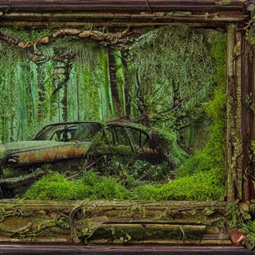 Image similar to a junk yard in the forest, overgrown with moss and ivy, detailed, realistic-C 30.0