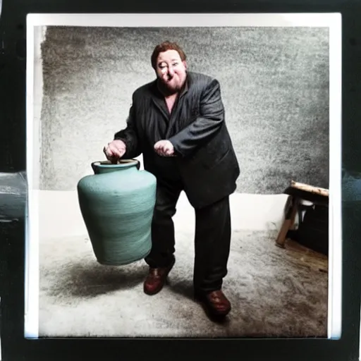 Prompt: johnny vegas making a very large clay teapot, polaroid, art school, studio, photorealistic