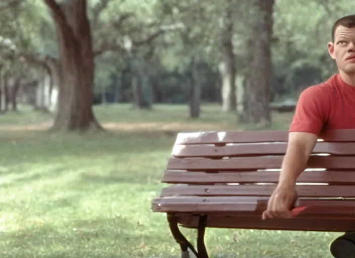 Image similar to film still of matt damon as forrest gump sitting on a bench in forrest gump, 4 k