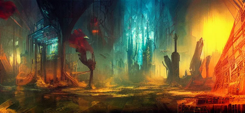 Prompt: beautiful masterpiece painting of a dystopian city under the sea, grunge cyberpunk, by Remedios Varo and Anato Finnstark and Greg Rutkowski, artgerm, 8k,