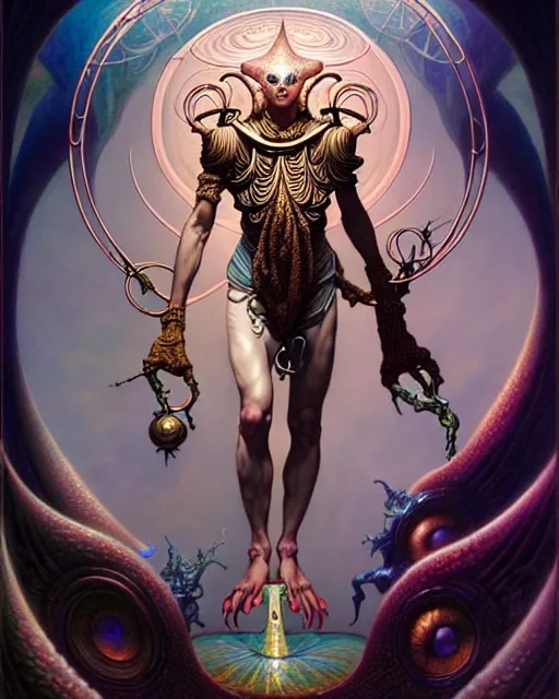 Image similar to the fool tarot card, fantasy character portrait made of fractals, ultra realistic, wide angle, intricate details, the fifth element artifacts, highly detailed by peter mohrbacher, hajime sorayama, wayne barlowe, boris vallejo, aaron horkey, gaston bussiere, craig mullins