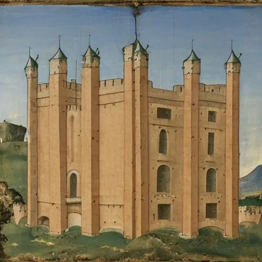Prompt: a castle with many storey and towers in a serene landscape, by giotto