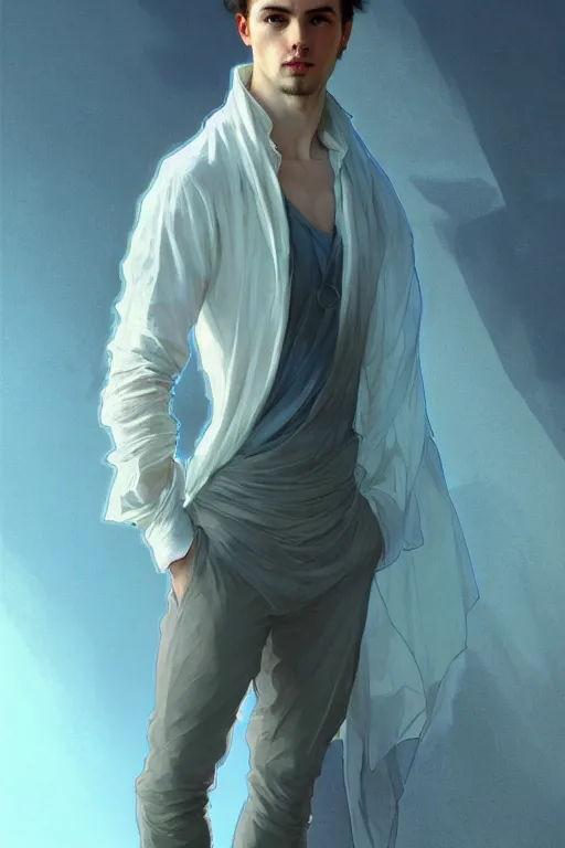 Prompt: full figure portrait of a single beautiful young fit man, dressed of modern transparent fluent shirt and large linen pants, bare feet, by greg rutkowski and alphonse mucha, d & d character, gradient black to cyan, interior design background, highly detailed portrait, digital painting, artstation, concept art, smooth, sharp focus ilustration, artstation hq