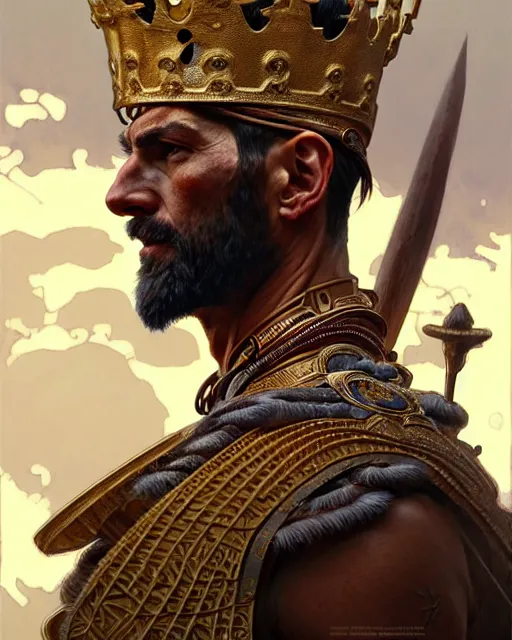 Image similar to highly detailed picture of a tall warrior - king, movie action still frame, intricate, elegant, highly detailed, hyperrealism, digital painting, concept art, smooth, sharp, focus, illustration, art by artgerm, greg rutkowski, ilya kuvshinov, alphonse mucha