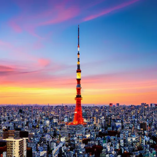 Prompt: landscape of Tokyo with a tower at sunset