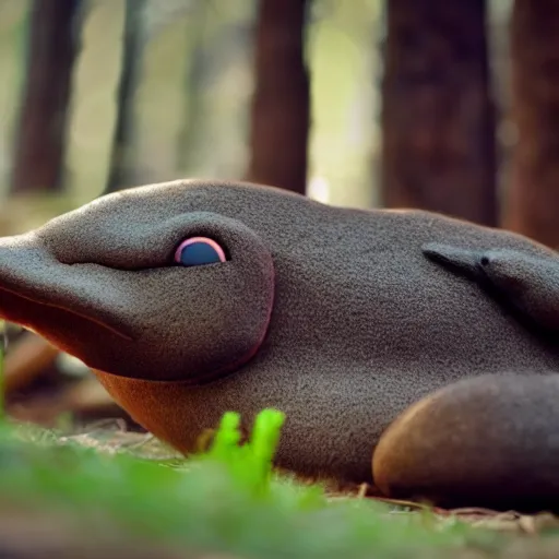 Image similar to detailed photograph of a platypus wearin ga fedora in a forest, national geographic, realistic, cinematic lighting, 8 k, cute, adorable, fedora