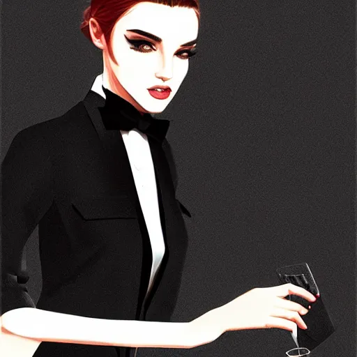 Image similar to slim girl in black tuxedo, corporate boss, luxury, 2d, ultra highly detailed, smooth, sharp focus, digital art, digital painting, elegant, artstation, by Ilya Kuvshinov