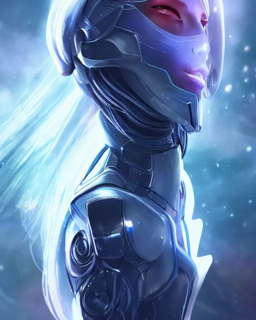 Image similar to perfect android girl on a mothership, warframe armor, beautiful face, scifi, futuristic, galaxy, nebula, bae suzy, dreamy, long white hair, blue cyborg eyes, sharp focus, cinematic lighting, highly detailed, artstation, divine, by gauthier leblanc, kazuya takahashi, huifeng huang